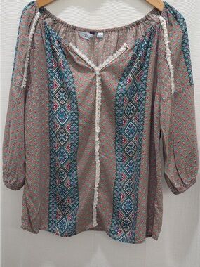 Great Northwest Indigo Women’s Blouse with Geometric Fringe Aqua Tunic!